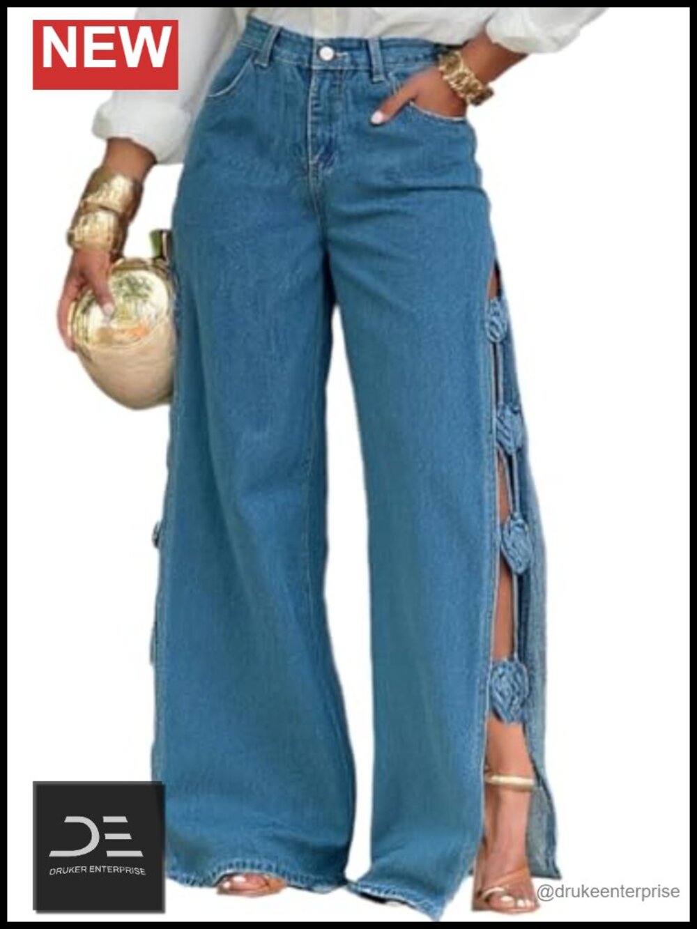 High Waisted Wide Leg Jeans with Cutout Flower Design Trendy Denim Pants